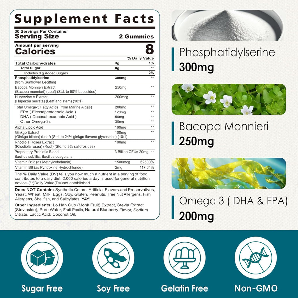 Phosphatidylserine - Nootropic Brian Supplement, Focus & Energy Gummies + Bacopa Monnieri, Omega 3, Huperzine A, Methyl B12 & B6 for Seniors, Gamers, Workers, Non-GMO, Caffeine-Free, Sugar Free,60 Cts