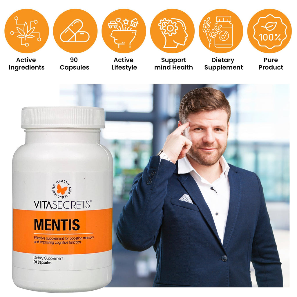 Vitasecrets Mentis Memory & Cognition Support Supplement - Concentration, Clarity, Cognitive Enhancement - Vitamins B6, B12, Ashwaganda, Gingko Biloba| Gluten and GMO Free, 90 Capsules