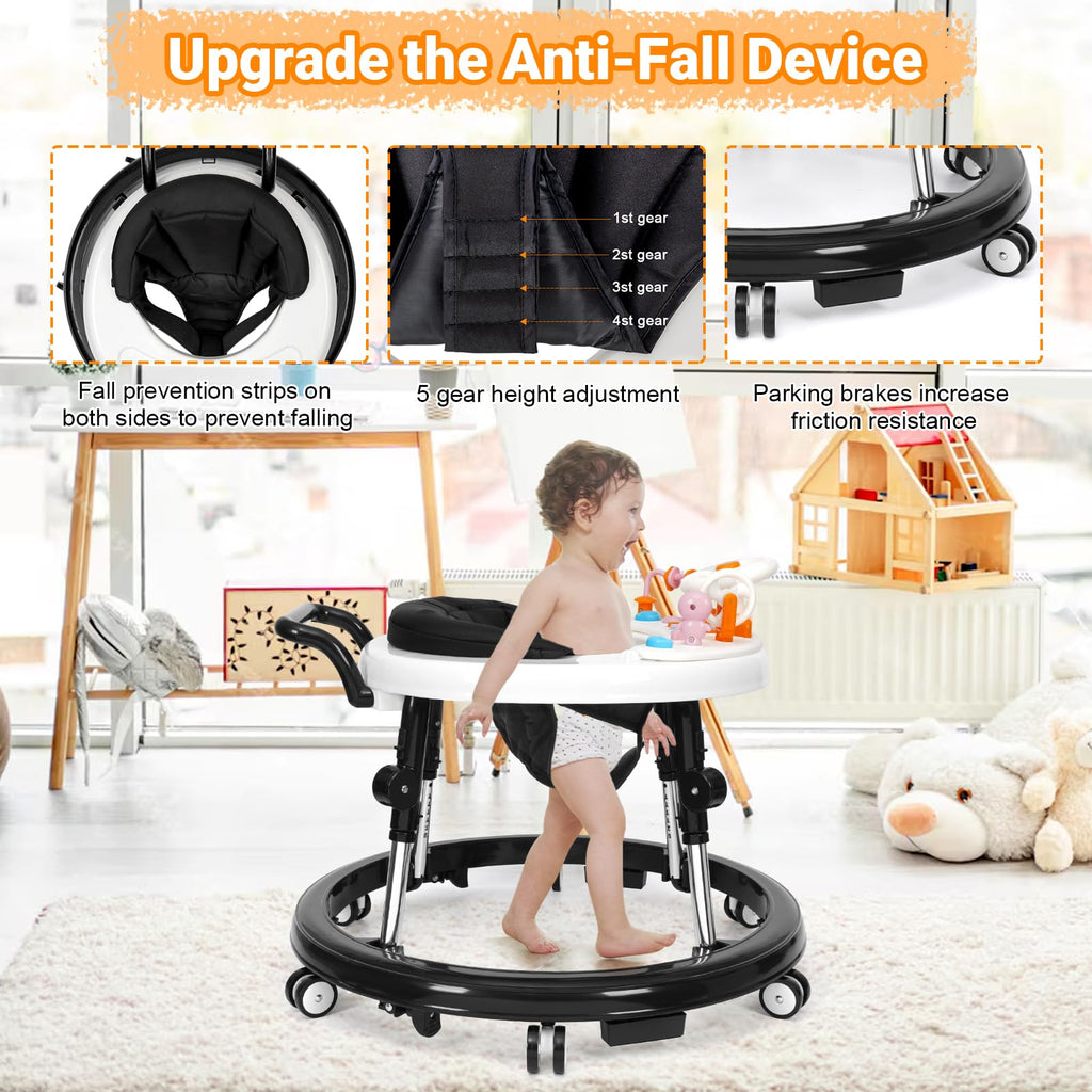 HolyBase Music and Lights Baby Walker Foldable with 9 Adjustable Heights, Baby Walker with Wheels Portable, Infant Toddler Walker for Baby Boy Girls 6-18 Months