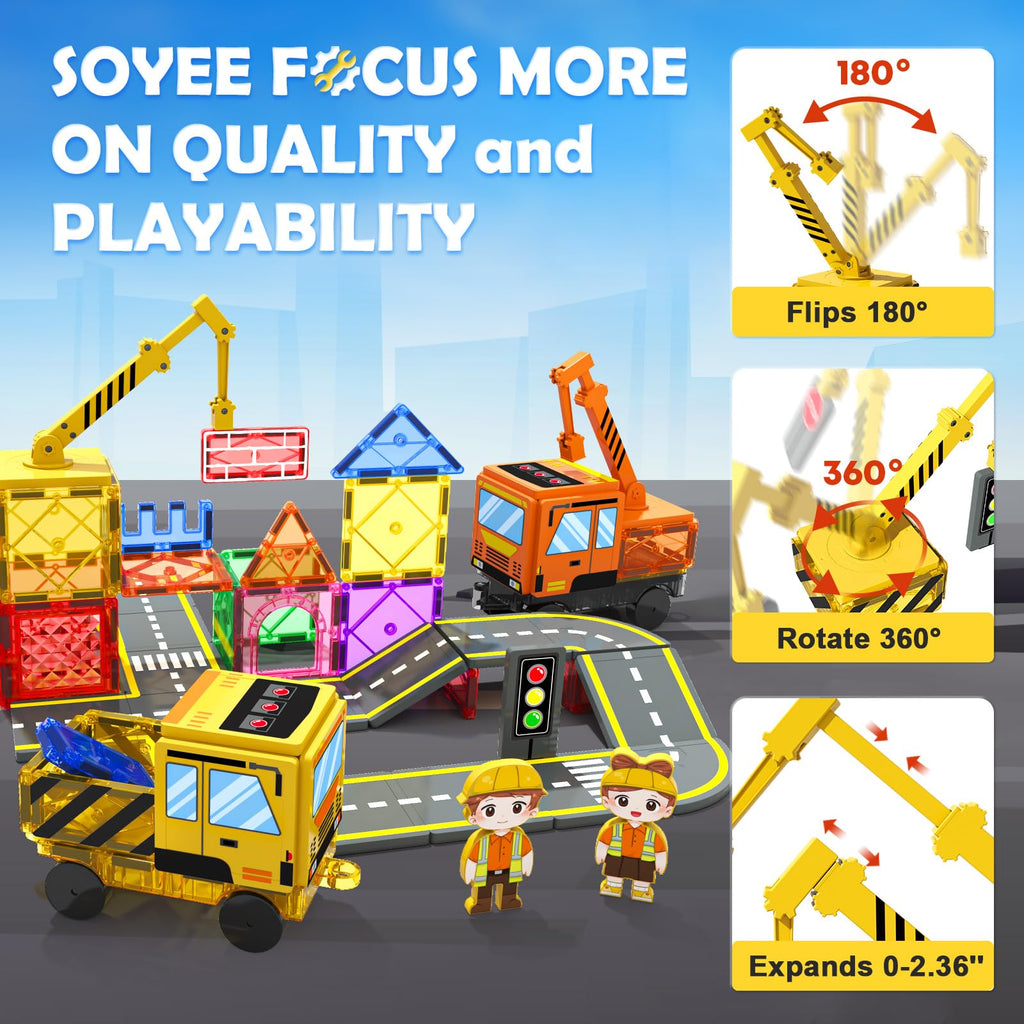 102 PCS Magnetic Tiles with 2 Cars & 2 Cranes Magnet Construction Building Kids Toys for Creative Play and STEM Learning Boys Toys & Gifts for 3-12
