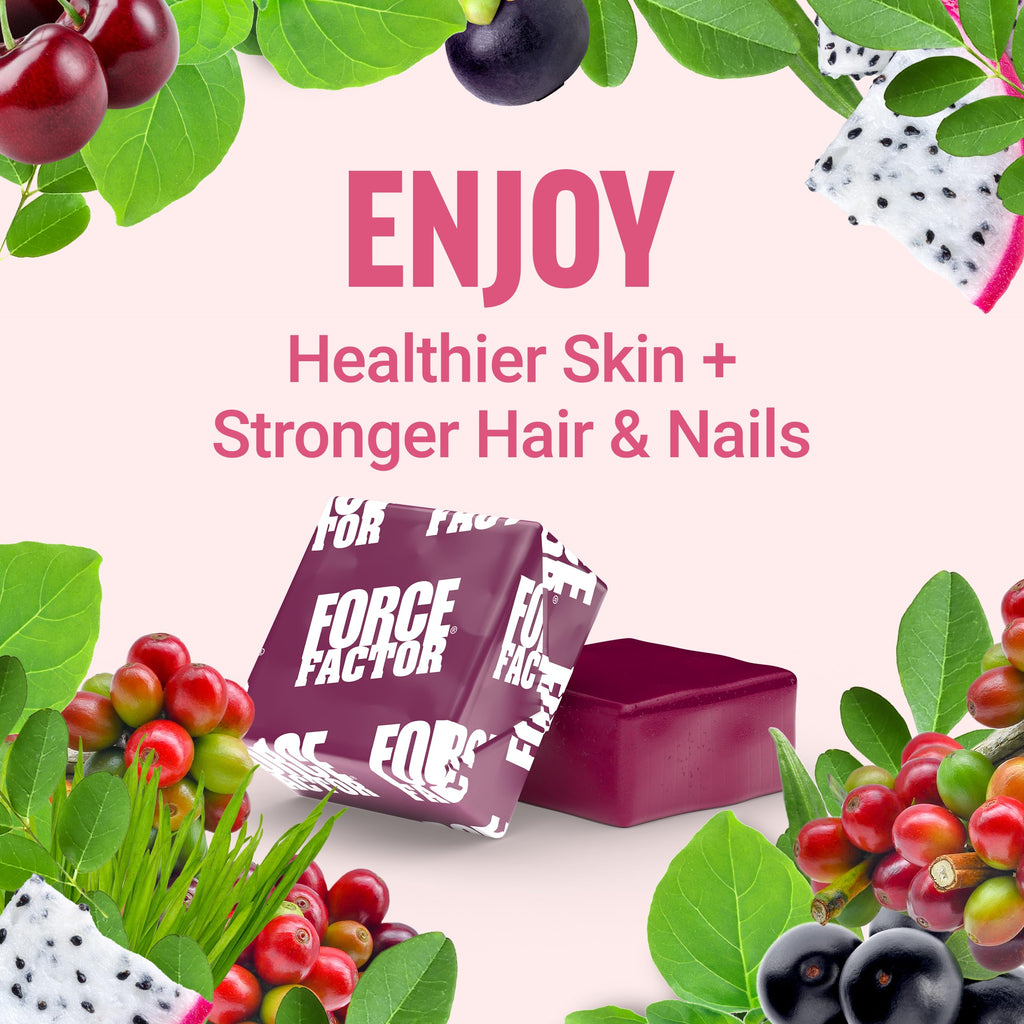 FORCE FACTOR Collagen Boosting Superfoods, Vegan Collagen Booster for Women, With Biotin, Hyaluronic Acid, and Vitamin C, For Hair, Skin, Nails, & Joint Support, Tropical Fruit, 180 Soft Chews, 3-Pack