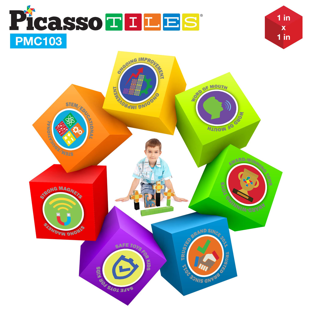 PicassoTiles 103 Pieces 1" Magnetic Toy Building Block Cubes Building Block, 3D Cube Construction Cubes Magnet Sensory Toys Gifts Educational with Free Idea Book for Kid, Boy, Girl & Toddler PMC103