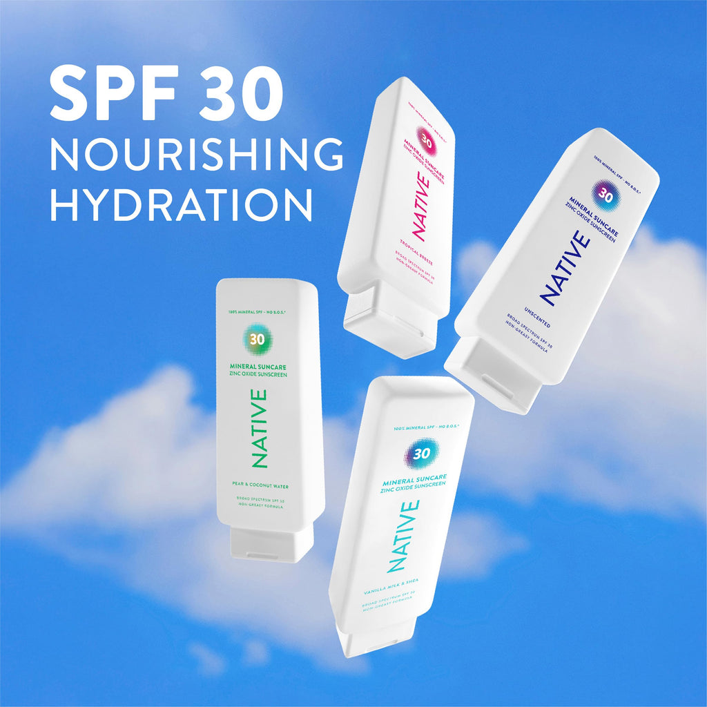 Native Sunscreen Lotion Tropical Breeze SPF 30, 100% Mineral SPF for Face & Body Broad Spectrum UVA UVB for Men & Women, Suitable for Sensitive Skin & Hawaii Compliant, Lightweight & No Residue, 7oz