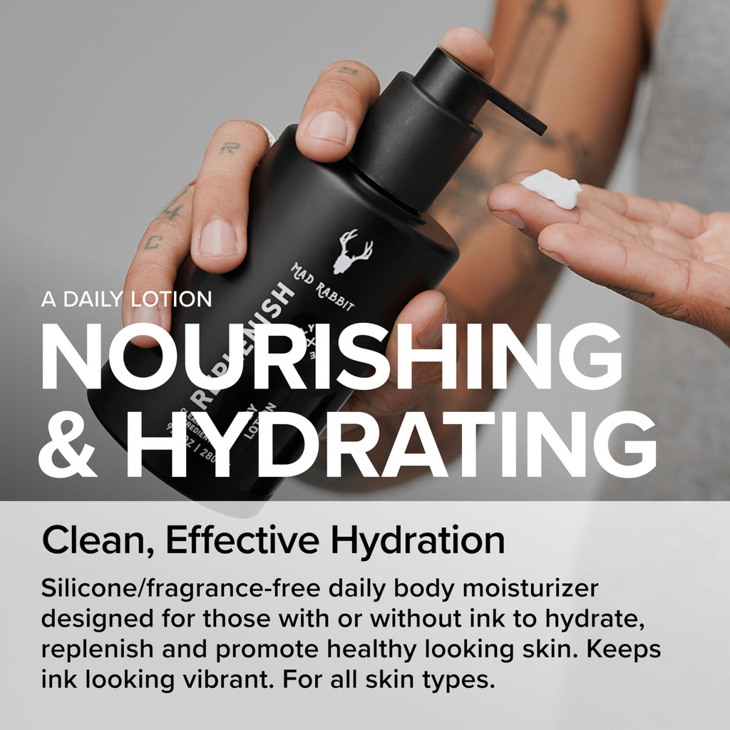 Mad Rabbit Replenish Tattoo Body Lotion - Fragrance-Free Lotion, Non-Greasy & Silicone-Free, Clean Ingredients, Lightweight for Daily Use (9.5 Ounce)