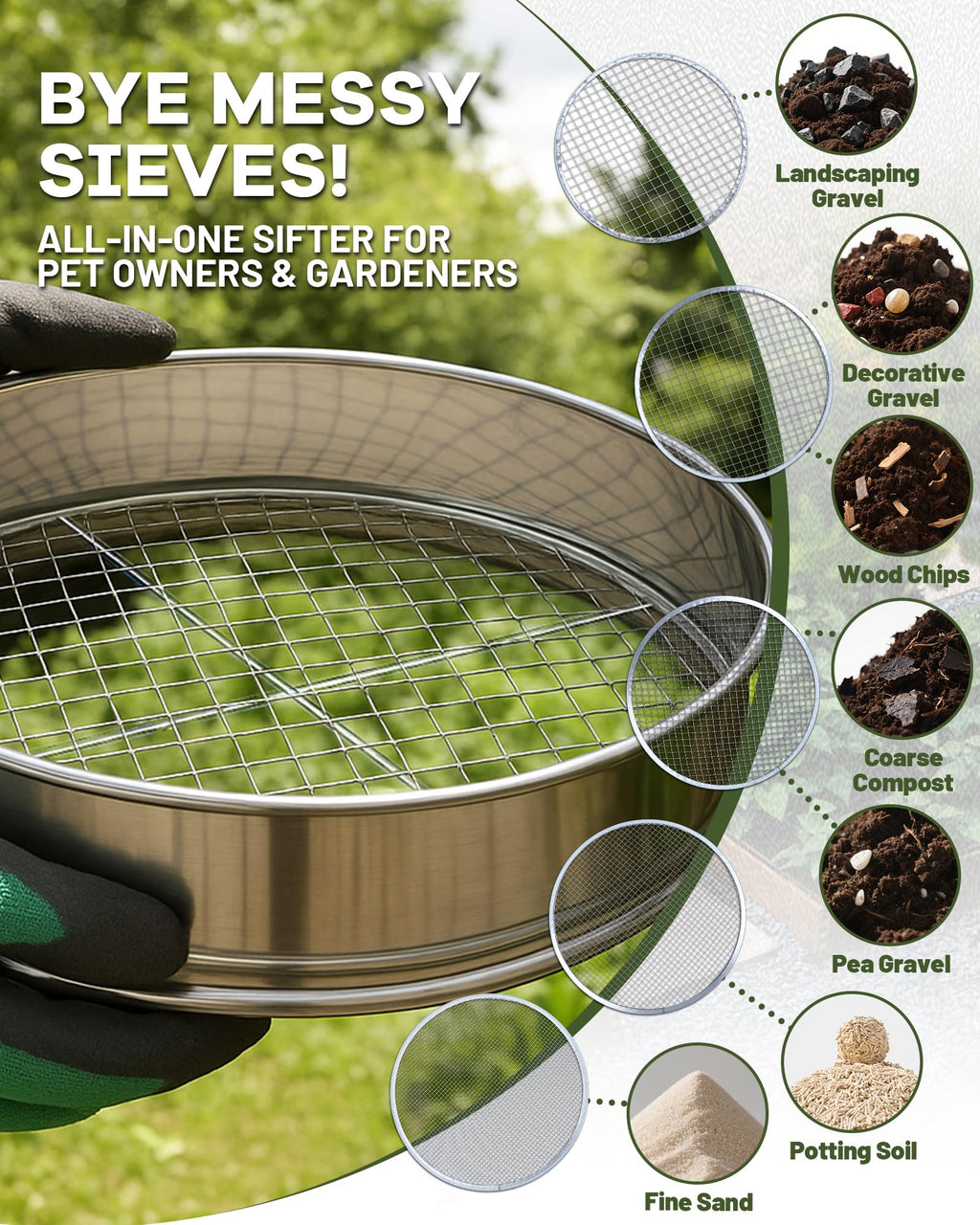 HIPULX 5-in-1 Soil Sifter Set with 5 Replaceable Stainless Steel Mesh Screen & Shovel (1/8" to 1/2"), Soil Sifter for Soils, Compost, Bonsai, Cat Litter and More（11-5/8" Diameter）