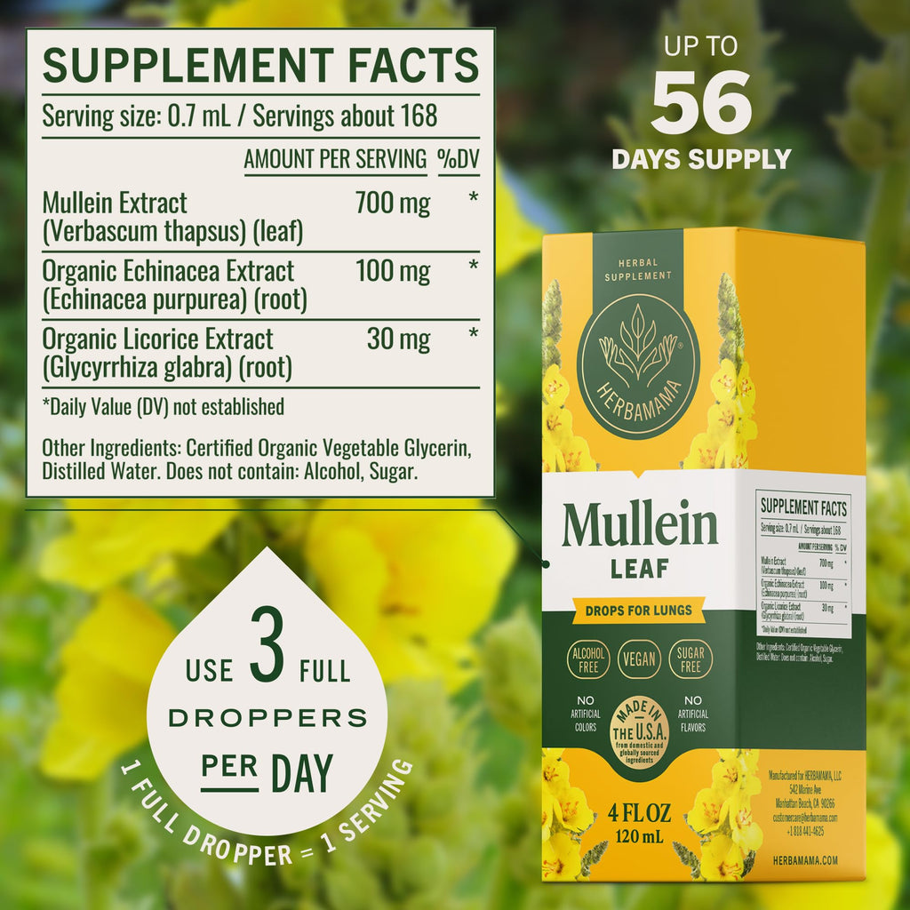 HERBAMAMA Mullein Drops for Lungs - Vegan Lung Cleanse with Mullein Leaf Extract, Echinacea Tincture & Licorice - Non-GMO, Alcohol & Sugar-Free Respiratory Support Supplement - 56-Day Supply