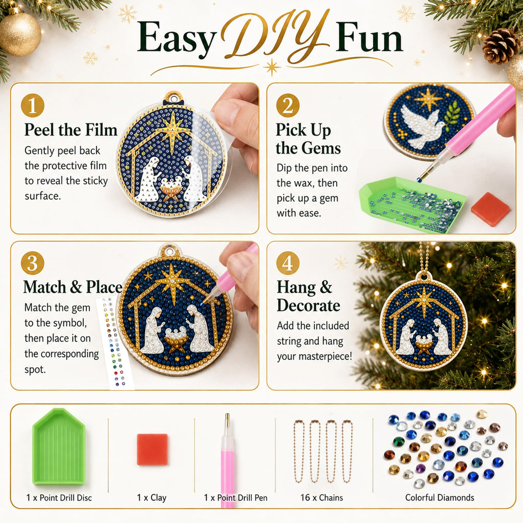 JOPHMO 16 Pcs Christmas Diamond Art Ornaments Kit - Nativity Scene