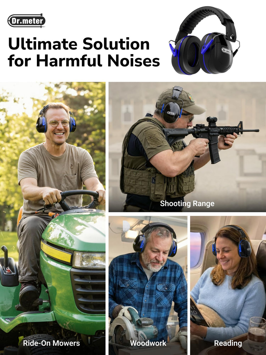 Dr.meter Noise Reduction Ear Muffs, SNR31dB Hearing Protection Sensory Earmuffs, Noise Cancelling Headphones for Adults Ear Protection for Gun Range, Yard Work, Mowing, Monster Truck, Fireworks