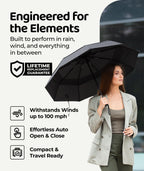 Windproof Travel Umbrella - Compact & Withstands Winds up to 100MPH, Strongest Premium Auto Folding Umbrella for Rain and Sun - Durable, Light & Portable for Women & Men, Fits Backpack & Cars