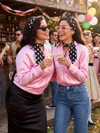 SOMSOC 1950s Pink Satin Jacket with Neck Scarf Headband Earrings Cat Eye Glasses Halloween Cosplay Costume Set for Women Girl