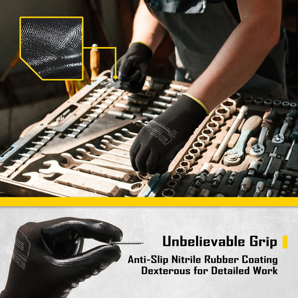 COOLJOB 10 Pairs Nitrile Dipped Safety Work Gloves with Grip, Non-slip Rubber Coated Bulk Garden Gloves for Men, Heavy-duty Oil Resistant for Truck Driver, Warehouse Box Handler, Xlarge, Black Blue
