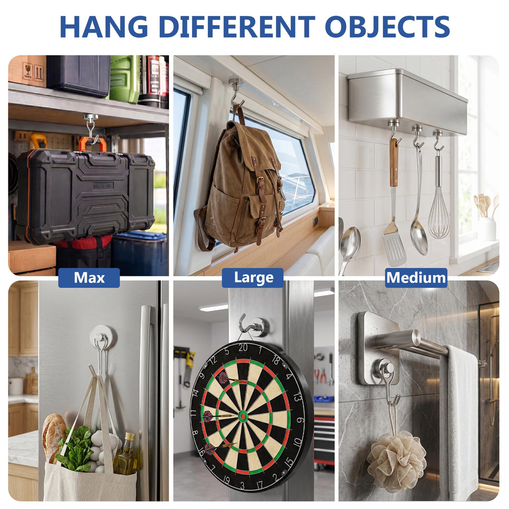 Tiergrade Mixed Sizes Magnetic Hooks, 2026 Cruise Cabin Ship Essentials Heavy Duty Strong Magnets Fridge Hanging for Classroom Kitchen Garage Grills Home, 10 Pack Silver (Medium 4 + Large 2 + Max 4)