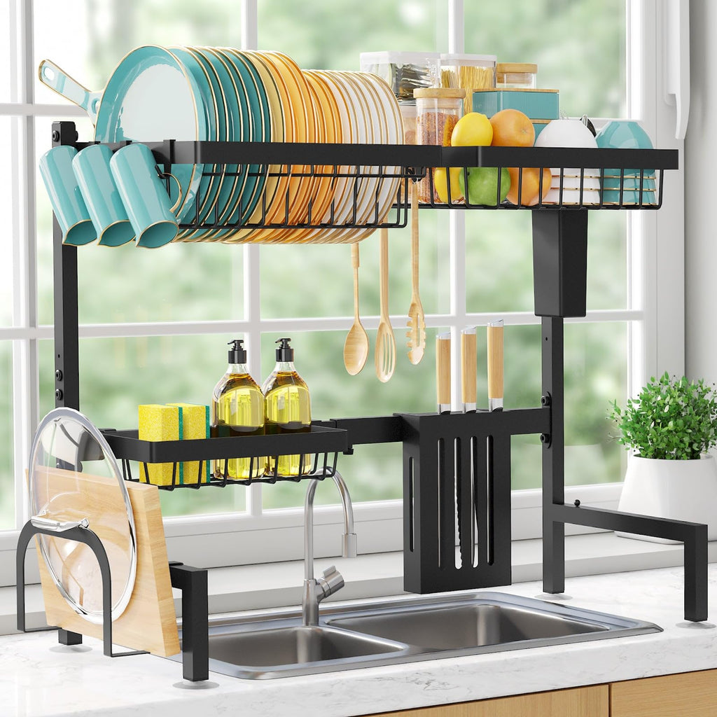 Sakugi 2-Tier Over the Sink Dish Drying Rack, 30"-33.9" L, Black
