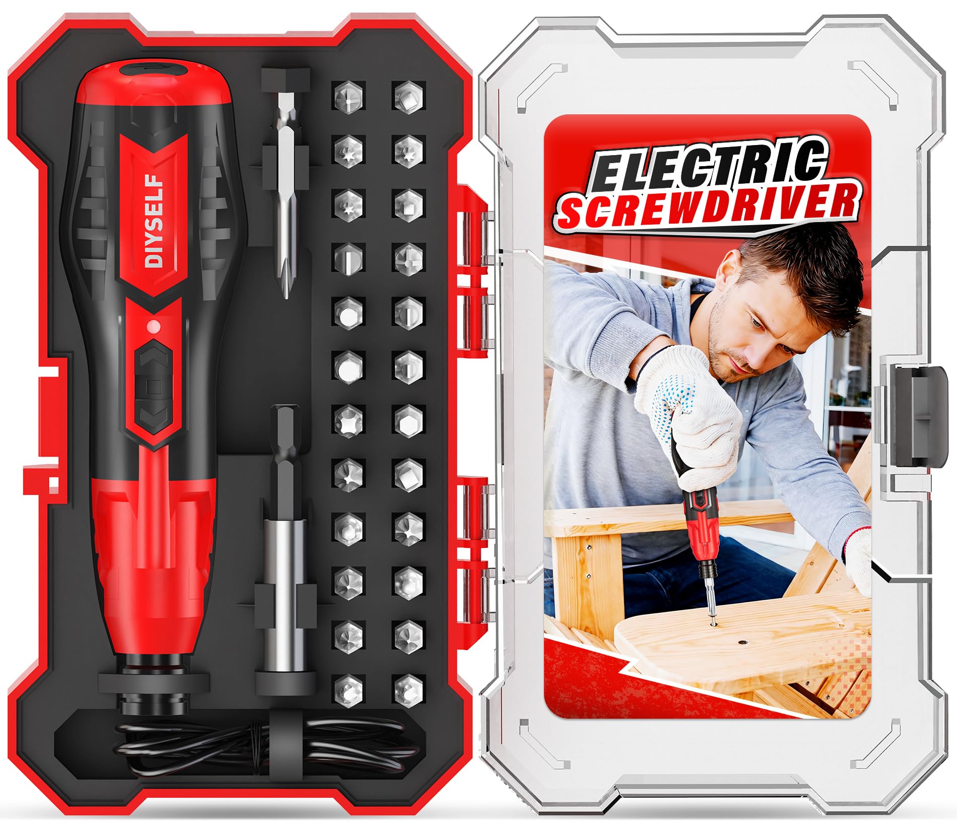 DIYSELF Power Screwdriver, 3.7V Screwdriver with LED, Includes 25 Bits, USB Charging Cable, Mini Precision Electric Screwdriver Cordless Rechargeable Set for Electronics, Gift for Men Dad Husband