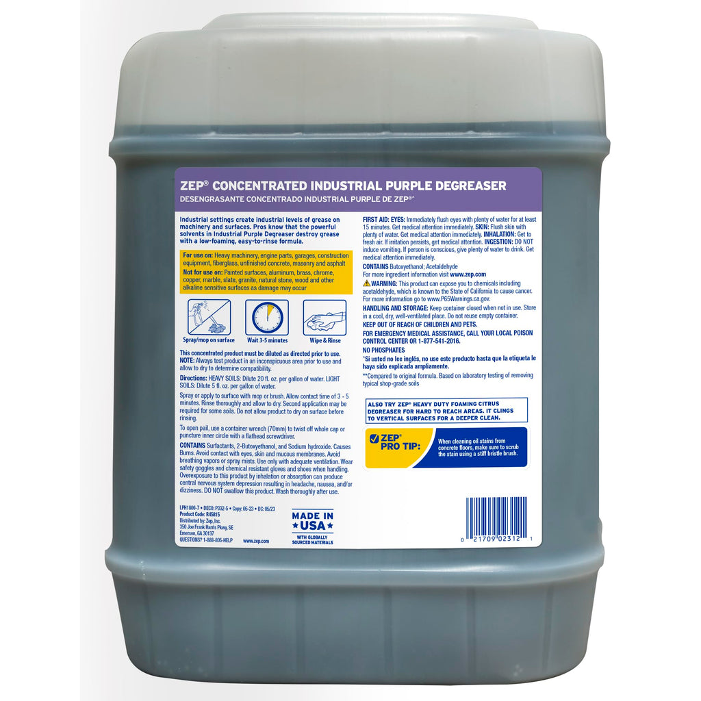 Zep Industrial Purple Cleaner and Degreaser Concentrate - 5 Gallon (Case of 1) R45815- Easy to Rinse Formula