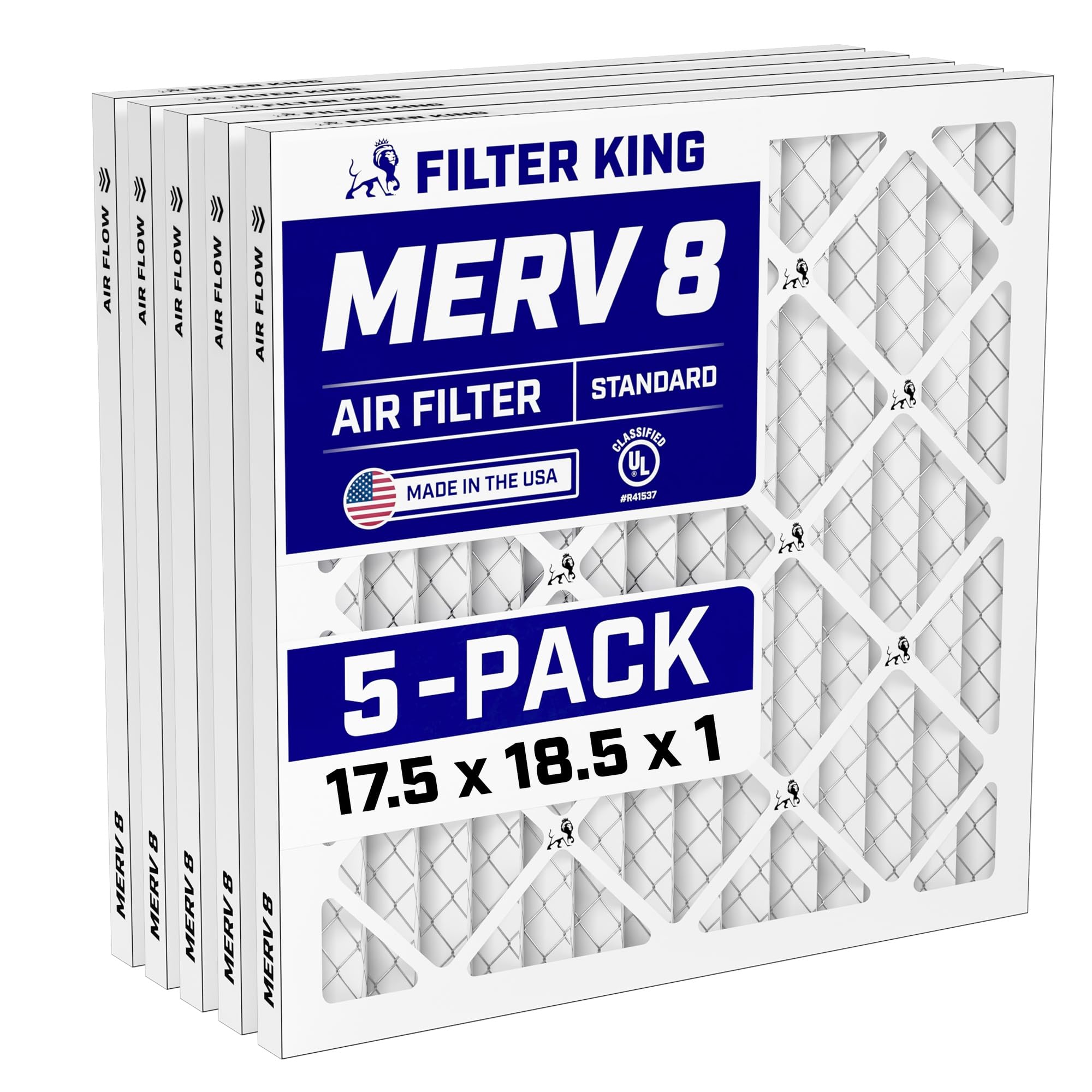 Filter King 17.5x18.5x1 Air Filter (MERV 8) (5-Pack) Dust & Allergy Control AC Furnace Filters, MADE IN USA, HVAC, Pleated, Electrostatic (Actual Size: 17.5 x 18.5 x .75)