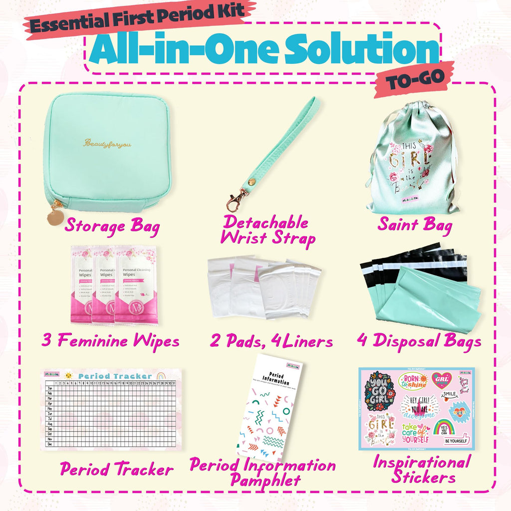 multipieyo Essential First Period Kit for Girls 10-12 | Period Bags for Teen Girls for School | First Period Gift with Sanitary Pad Storage Bag, Wipes, Period Tracker and More(Mint)