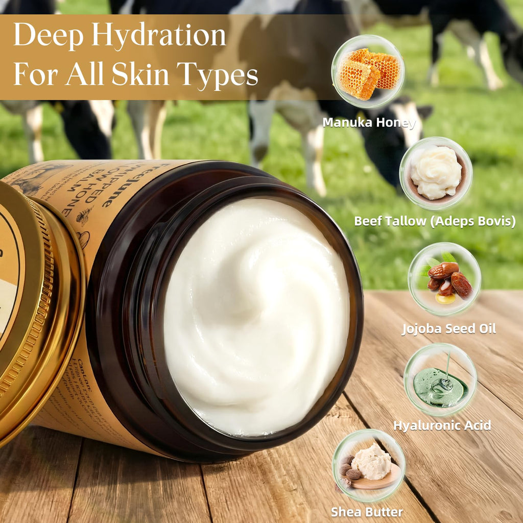 FreeJune Beef Tallow for Skin, Tallow and Honey Balm for Face 5.3 OZ Organic Whipped Moisturizer with Grass Fed - Face & Body Cream for for Nourishing Dry Skin Care, All Natural Hydration (Honey)