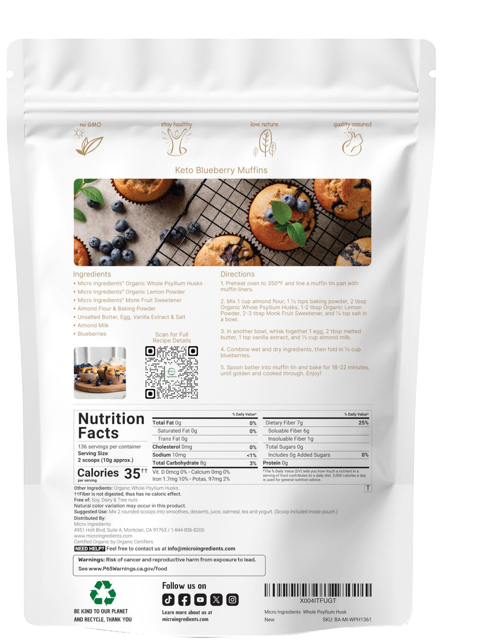 Micro Ingredients Organic Whole Psyllium Husks, 3lbs | Daily Soluble Fiber Supplement with Prebiotics | Psyllium Husk Sourced from India | Non-GMO, Keto Friendly, Vegan