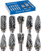 Sworker 10 Pcs Carbide Burr Set 1/8" Shank Compatible with Dremel Milwaukee Bits Rotary Tools Attachment Kit Rasp Drill File Accessories Metal Wood Stone Steel Grinding Carving Cutting Polishing