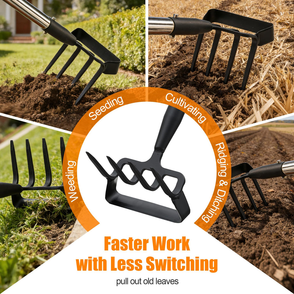 2-in-1 Heavy Duty Garden Hoe with 60" Adjustable Handle, Stirrup Hoe & Cultivator Weeding Rake - Lightweight Gardening Tool for Fast Weed Removal, Cultivating & Loosening Soil, Stainless Steel