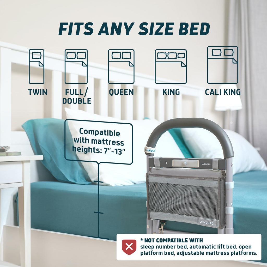 Lunderg Bed Assist Rail for Seniors with Motion-Activated Light & Storage Pocket - Easy to Install Bed Rails for Elderly Adults Safety & Post-Surgery - Helps Reduce Falls & Support Independence