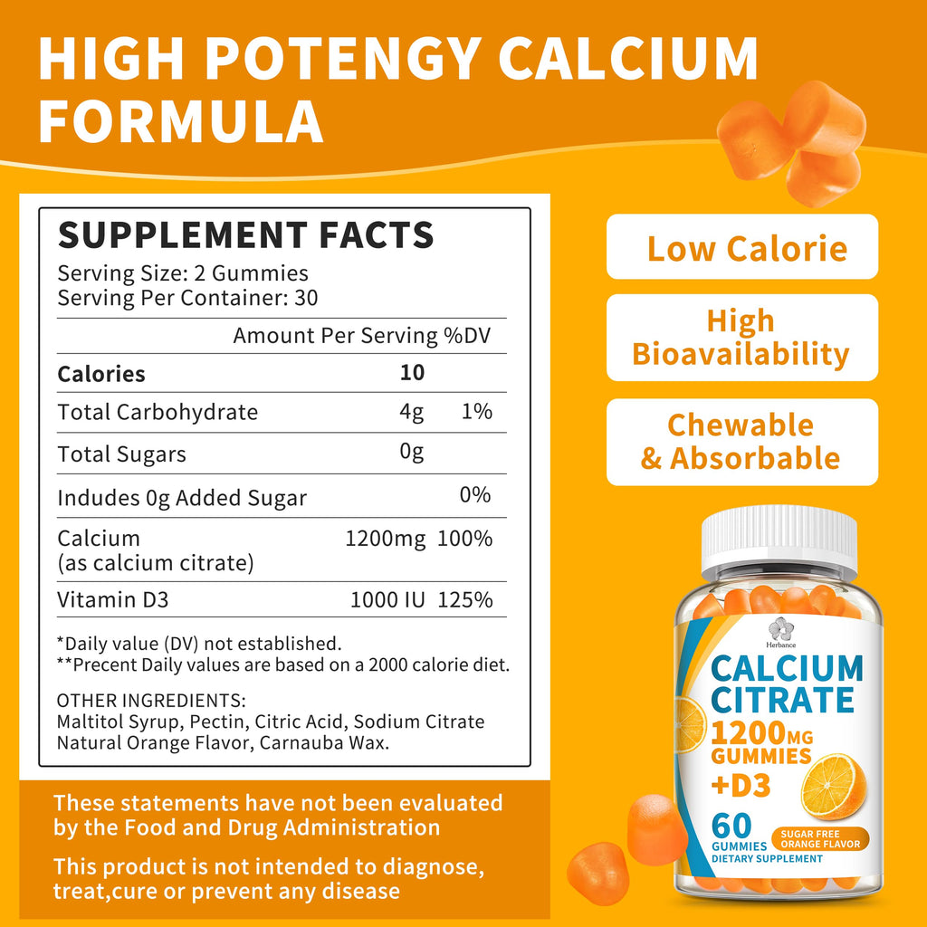 (2 Pack) Calcium Citrate 1200 mg Gummies with Vitamin D3, High Absorption Calcium Supplements for Women & Men, Sugar Free, Non-GMO, Gluten Free, Supports Muscle & Immune - Orange Flavor