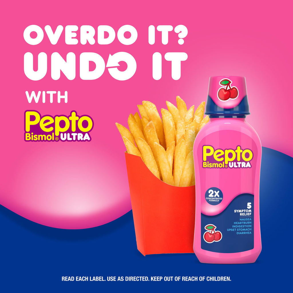 Pepto Bismol ULTRA Liquid for Nausea, Heartburn, Indigestion, Upset Stomach, and Diarrhea - 5 Symptom Fast Relief Medication for Adults, Cherry Flavor, 2x16 oz
