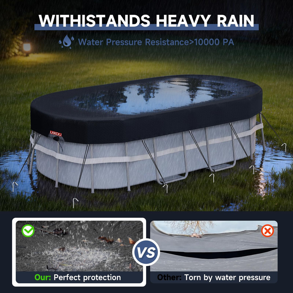 LXKCKJ 7x10 FT Rectangular Pool Cover for Above Ground Pool, Solar Oval Pool Cover Protector, Winter Pool Cover with Accessories Set Ideal for Cold and UV Resistant, Dustproof (Black)