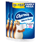Charmin Ultra Soft Cushiony Touch Toilet Paper, 30 Family Mega = 153 Regular Rolls, 2-Ply, White