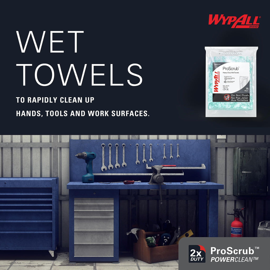 WypAll PowerClean ProScrub Heavy Duty Wet Towels, 6 x 75 Sheets (91367)