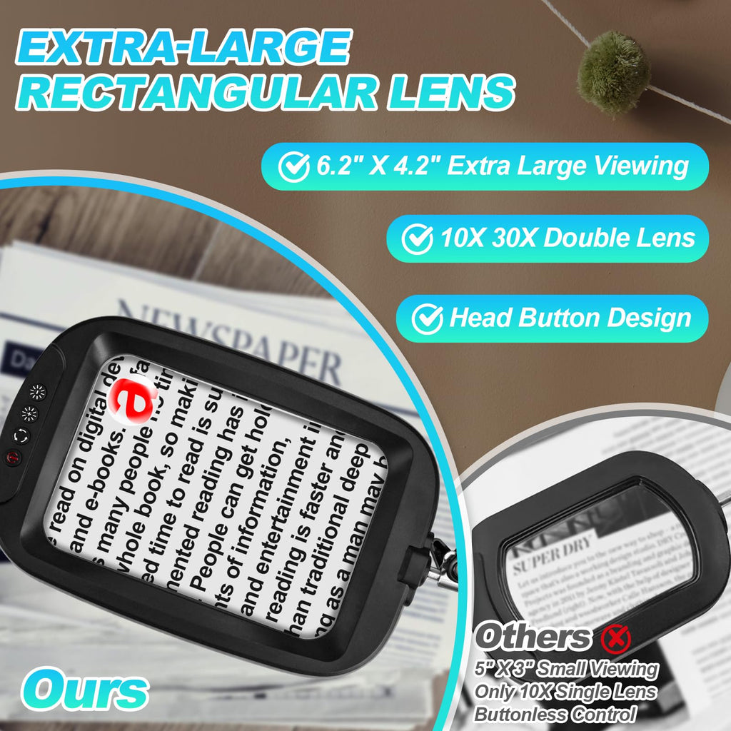 10X 30X Extra Large Magnifying Glass with Light and Clamp, Rectangle Hands Free Magnifier with 5 Color Modes, Adjustable LED Lighted Magnifying Desk Lamp for Reading Close Work Craft Painting (Black)