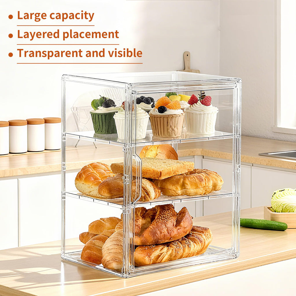 SANKEU Pastry Display Case,Bread Box for Kitchen Countertop,3 Layers Adjustable Clear Bread Storage with Magnetic Door Small Bakery Pastry Display,1 Pack