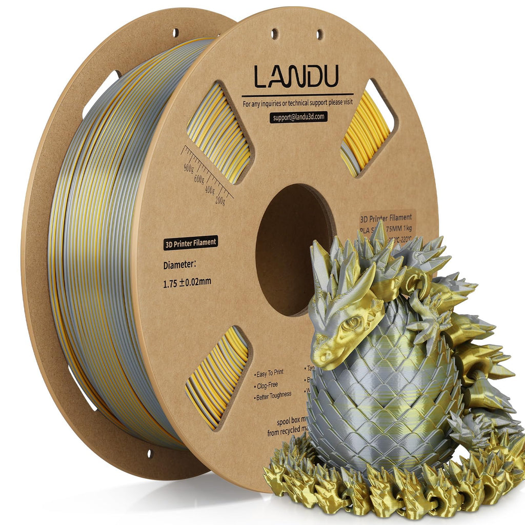 LANDU Silk Dual Color PLA Filament 1.75mm 1KG, 3D Printer Filament Dimensional Accuracy +/- 0.02mm, Coextrusion Filament PLA Shiny Filament Fits for Most FFF 3D Printers,1KG Spool,Gold Silver