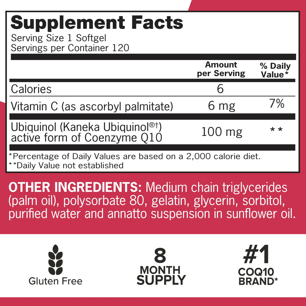 Qunol Mega Ubiquinol CoQ10 100mg, Superior Absorption, Patented Water and Fat Soluble Natural Supplement Form of Coenzyme Q10, Antioxidant for Heart Health, 240 Count Softgels, 120 Count (Pack of 2)