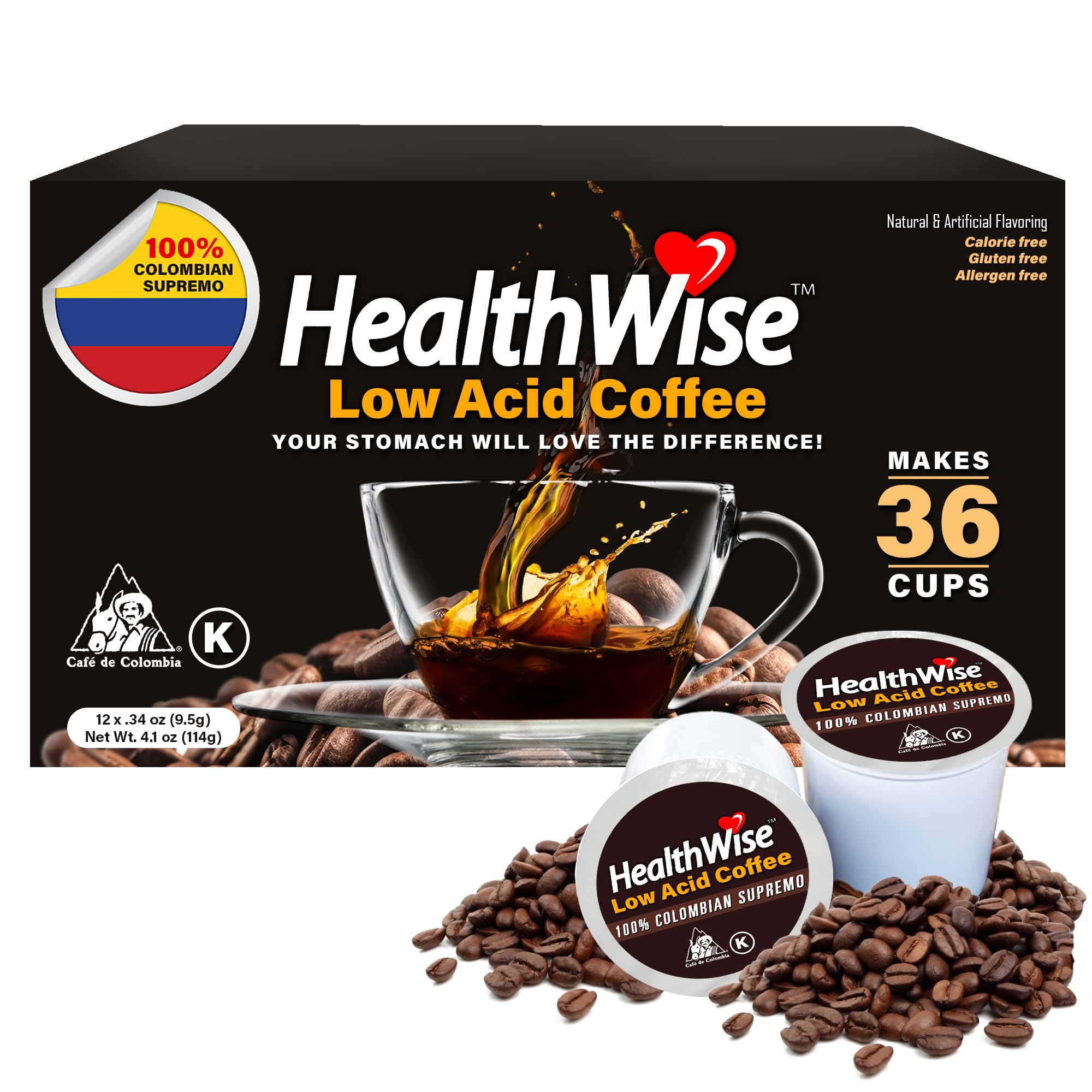 Healthwise Low Acid 100% Colombian Coffee K-Cups – Medium Roast, Healthier Coffee for Sensitive Stomach (Unflavored) – 36 Count (Pack of 3)