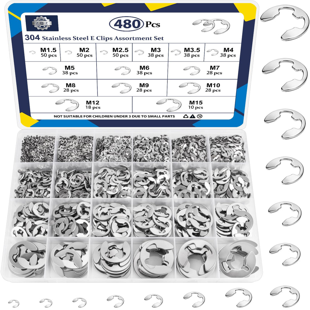 ZQZ E Clips Assortment Kit (M1.5-M15), 480 Pcs External Retaining Rings Set