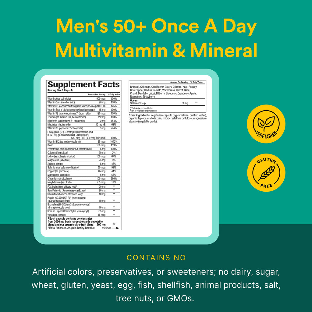 Natural Factors Whole Earth & SEA Men's 50+ Once A Day MULTIVITAMIN & Mineral, 60 Vegetarian Capsules