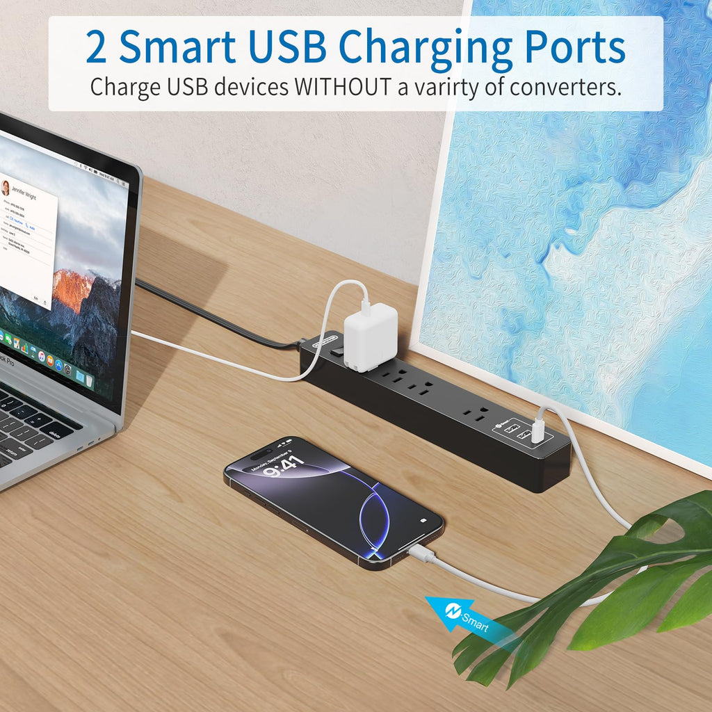 Extension Cord 15 Ft, NTONPOWER Flat Plug Power Strip Bar with 2 USB 4 Outlets (1 Widely Outlet), Thin Flat Extension Cord Under Rug, Carpet, Wall Mount Charging Station for Home Office, Black