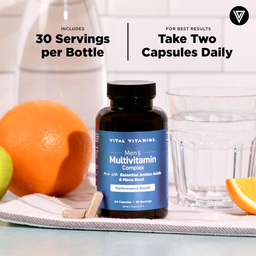 Vital Vitamins Men's Multivitamin Complex - Made with Essential Amino Acids & Maca Root - with Vitamin A, C, E, B6, B12, D3 & Male Performance Blend - Daily Men's Multivitamin - 60 Capsules