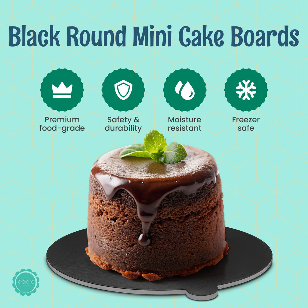 O'CREME Black Round Mini Cake Boards with Tab – 4 Inch Grease-Proof, Foil-Covered, Food Grade Cardboard for Cupcakes, Pastries, Desserts - Ideal for Wedding, Anniversary, Birthday Parties, 100 Count