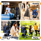 Azaeahom Pet Stroller, 4 Wheels Pet Strolling Cart for Medium/Small Dogs and Cats, Foldable Cat Jogger/Dog Stroller with Cup Holder, Storage Basket, Breathable Mesh, All-Season Pet Carrier, Navy Blue