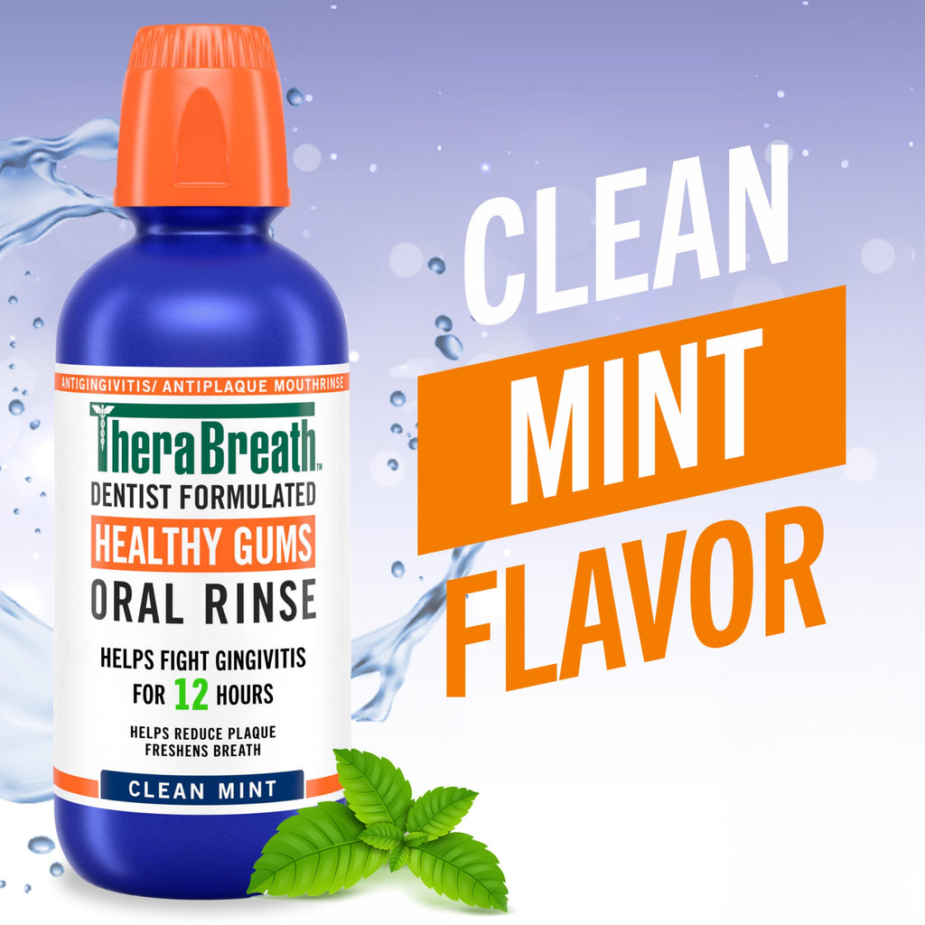 TheraBreath Healthy Gums Oral Rinse, Antigingivitis, Clean Mint Flavor, Dentist Formulated to Help Prevent Gingivitis and Support Gum Health, Alcohol Free, 16 Fl Oz (Pack of 2)