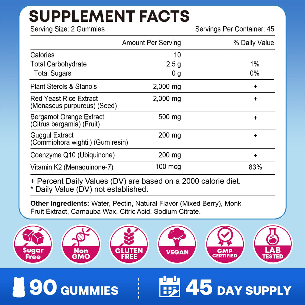 Zetelixia Cholesterol Lowering Supplements Gummies, Cholesterol Gummies with Plant Sterols & Stanols, Red Yeast Rice, Lower Cholesterol Naturally – Vegan, Non-GMO, Mixed Berry Flavor, 90Ct