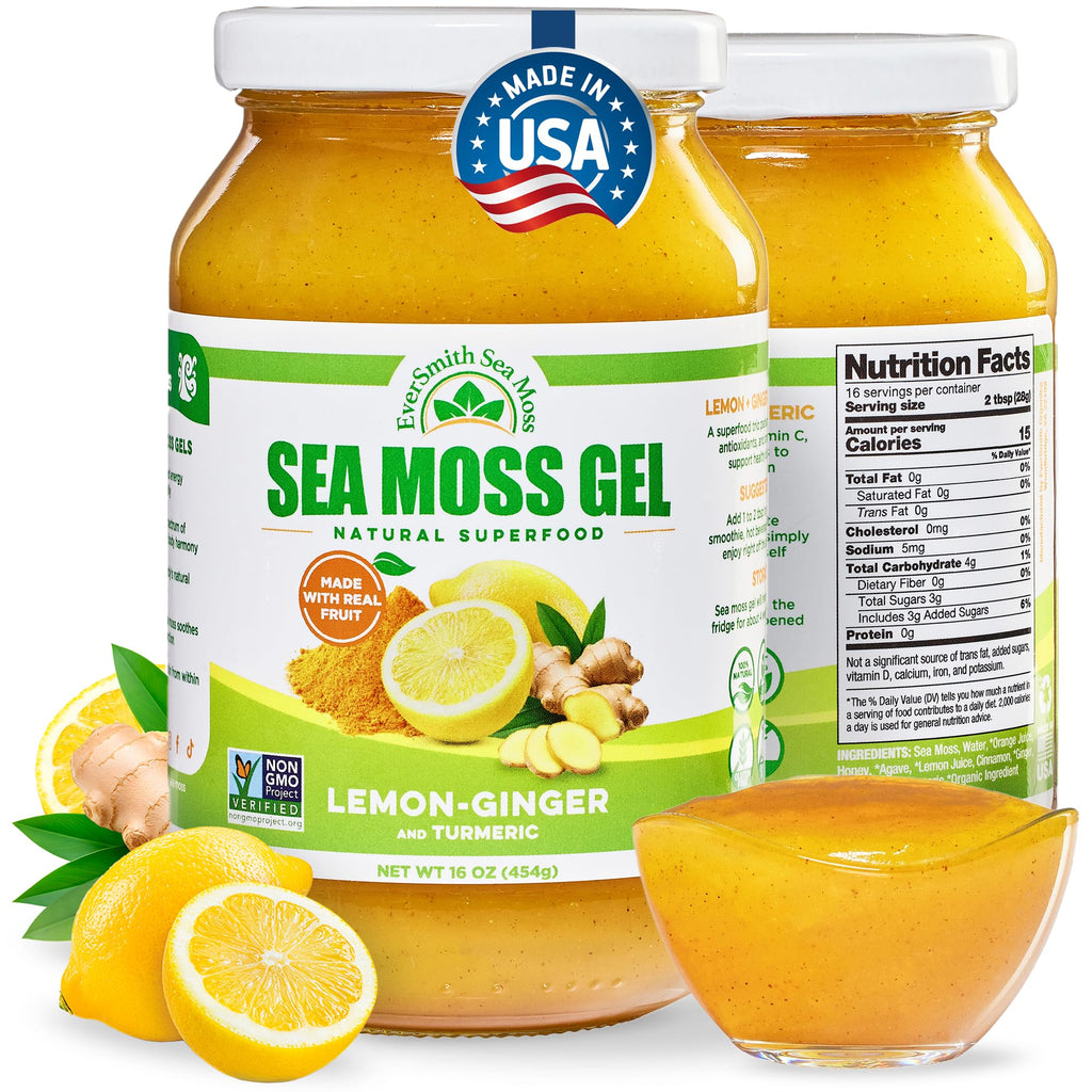 EverSmith Organics - Wildcrafted Irish Sea Moss Gel | Made in USA | Rich in Vitamins & Minerals | Sea Moss Gel Raw | Nutritional Supplement | Lemon Ginger (16 oz)