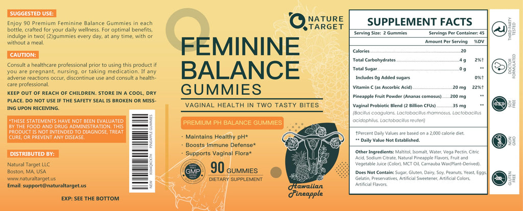 Feminine Balance Gummies, Probiotics Gummies for Women - pH Balance, Odor Control, Vaginal Flora & Digestive Health - Vaginal Probiotic with Vitamin C for Immune, Hawaiian Pineapple Flavor, 90 Gummies