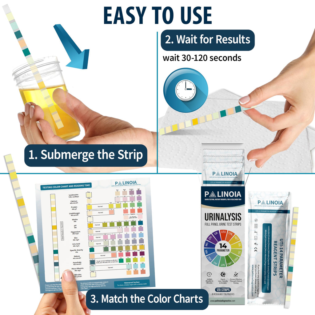 14-in-1 Full Panel Urine Test Strips for Urinalysis | 120 Strips in Resealable Pouches – Test for Kidney Health, Liver Function, UTI, Ketosis, Hydration, and Protein Levels