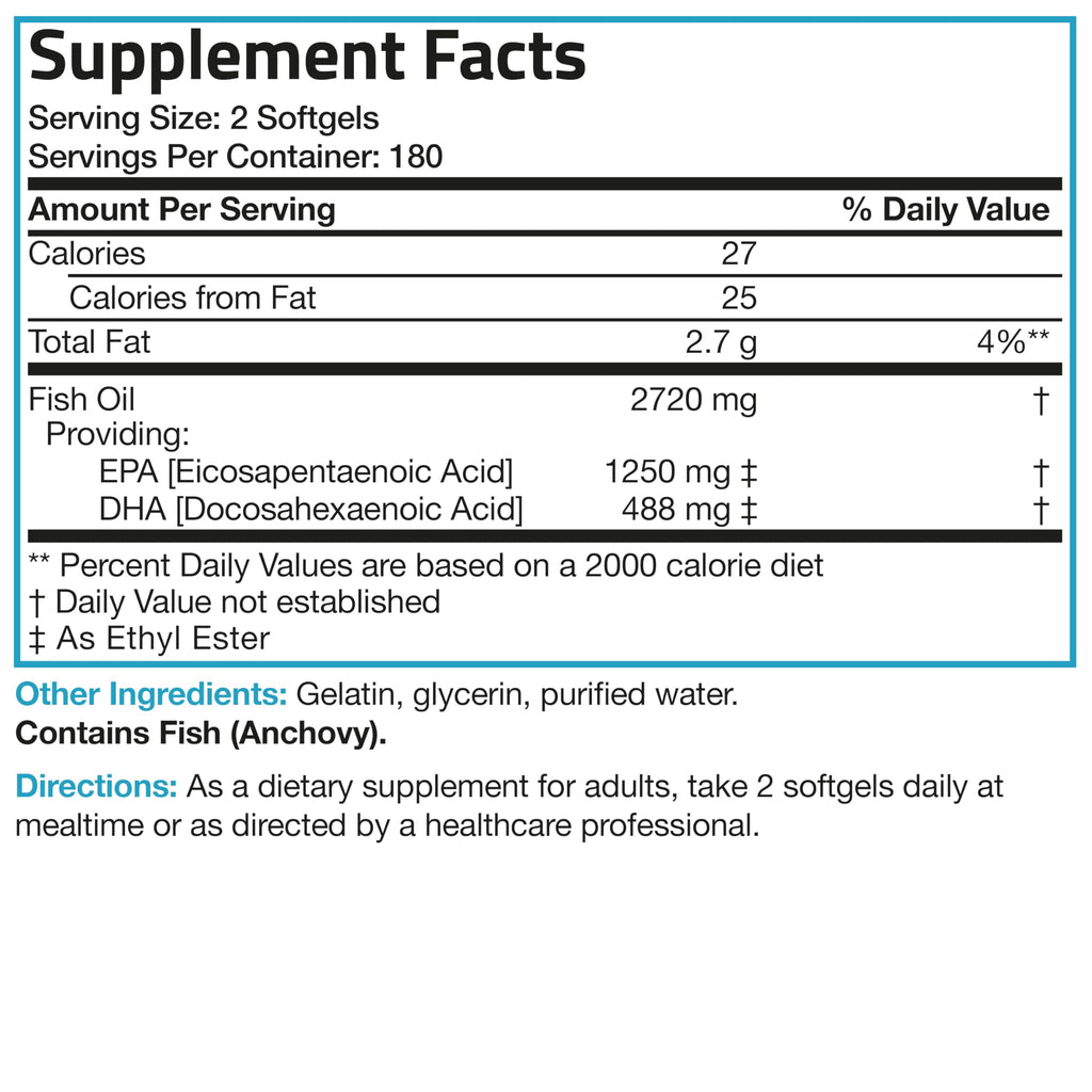 Bronson Omega 3 Fish Oil Triple Strength 2720 mg, High EPA 1250 mg DHA 488 mg, Non-GMO Heavy Metal Tested, 360 Softgels
