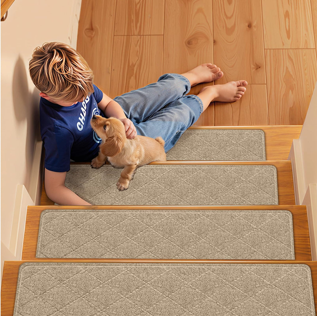 TranquilMoments Stair Treads Non-Slip for Wooden Steps, 4Pack - 8" x 30" Edging Stair Runner Indoor for Kids Elders & Pets, Washable Carpet Stair Treads with Peel & Stick Reusable TPE Backing, Beige