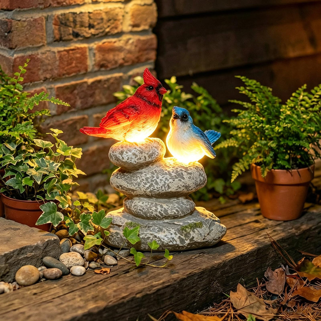 Solar Bird Garden Statue, Cardinal & Bluebird Outdoor Figurine Decor